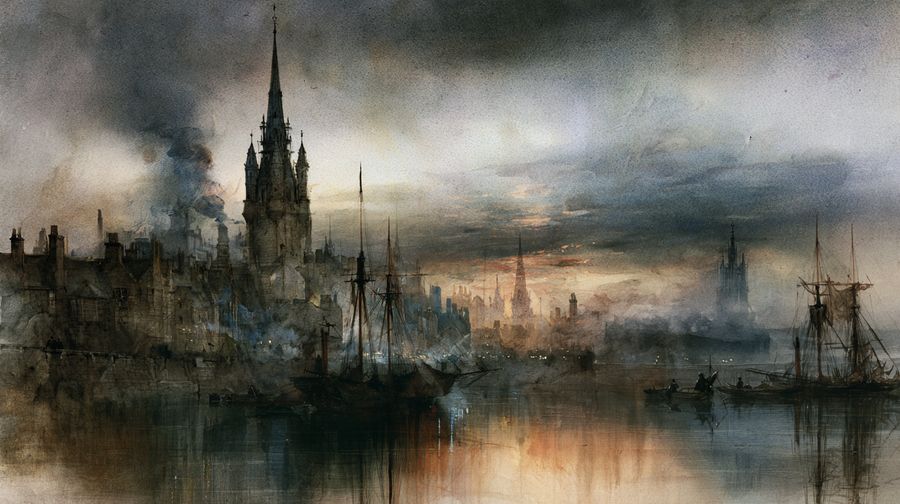 Watercolor of Aberdeen's harbor at dusk, spires and masts against a heavy sky