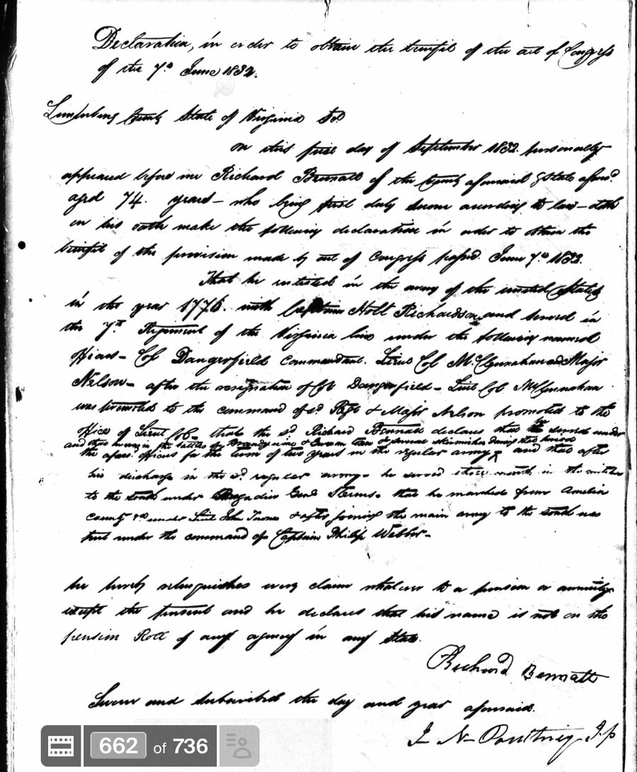 Handwritten 1832 pension declaration of Richard Bennett of Lunenburg County, Virginia, aged 74, describing his enlistment in 1776 under Captain Holt Richardson in the 7th Virginia Regiment, service at Brandywine and Germantown, and his re-enlistment from Amelia County