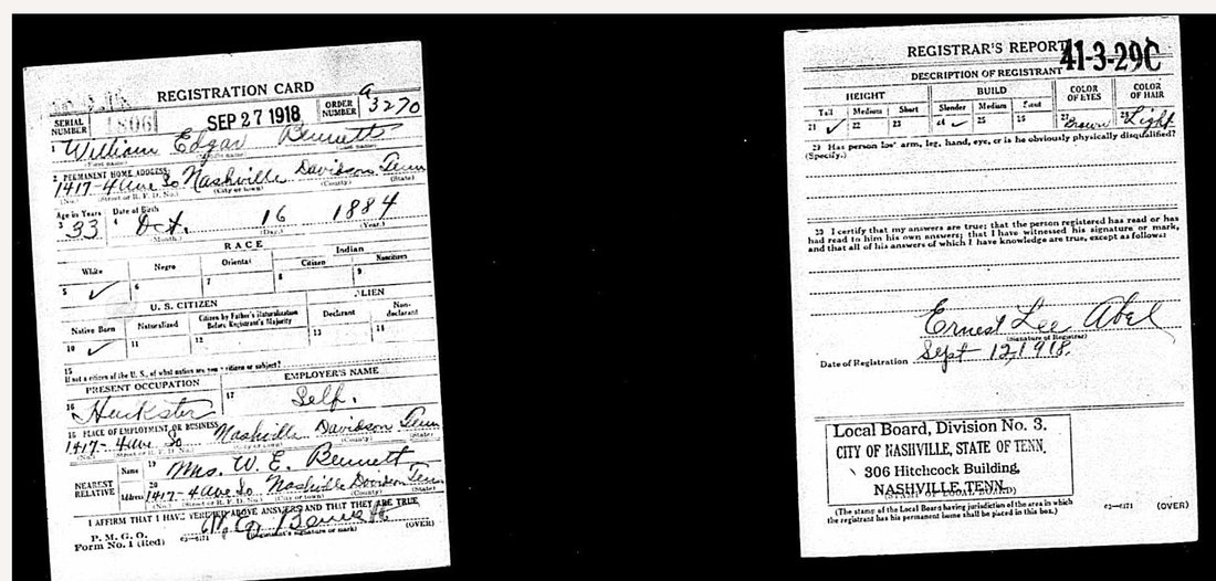 William Edgar Bennett's 1918 World War I draft registration card, both sides: occupation huckster, self-employed, 1417 Fourth Avenue South, Nashville; tall, slender build, brown eyes, light hair