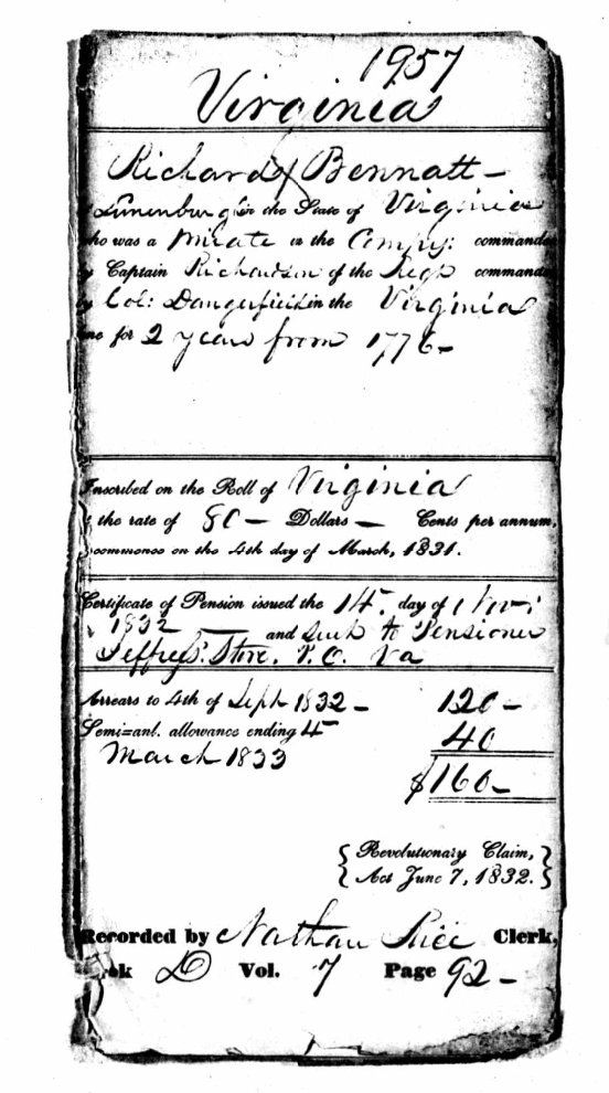 Virginia pension office record for Richard Bennatt, private under Captain Richardson in the regiment of Colonel Dangerfield, Virginia line, two years from 1776; certificate of pension issued November 14, 1832 and sent to the pensioner at Jeffrey's Store P.O., with arrears of $120 and allowance of $40