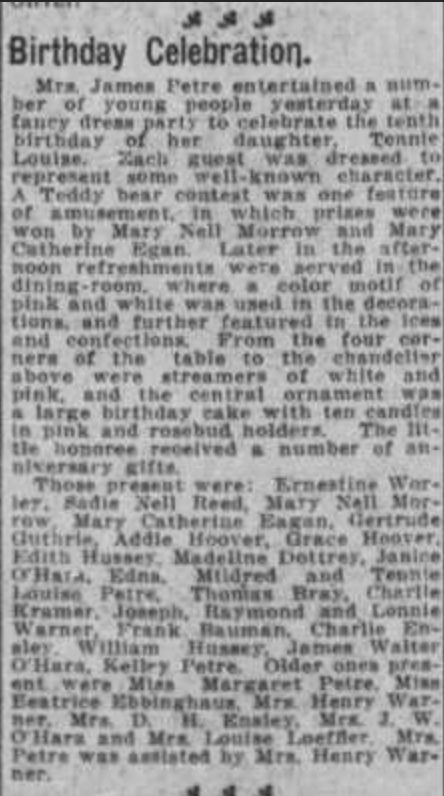 Society column headed 'Birthday Celebration' describing a fancy dress party, listing Joseph, Raymond and Lonnie Warner among the guests and Mrs. Henry Warner assisting the hostess