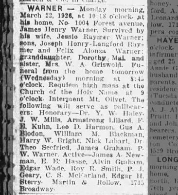 Death notice for James Henry Warner from The Tennessean, March 23, 1926, listing his survivors and pallbearers