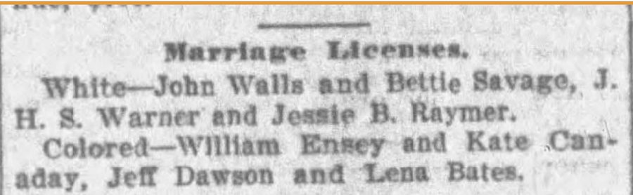 Marriage licenses column from The Tennessean, May 4, 1899, listing J. H. S. Warner and Jessie B. Raymer