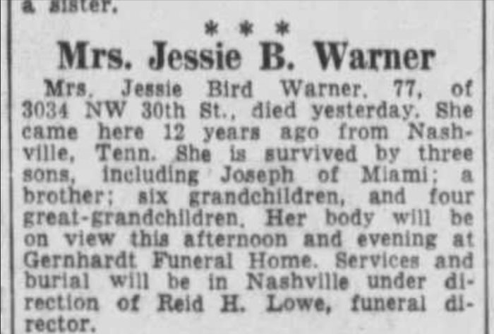 Obituary for Mrs. Jessie B. Warner from The Miami News, February 22, 1959