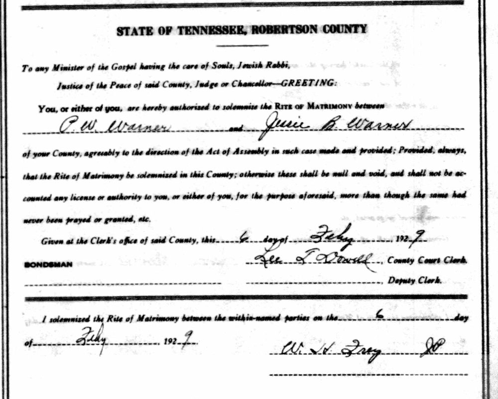 Tennessee marriage license authorizing the rite of matrimony between P. W. Warner and Jessie B. Warner, February 6, 1929