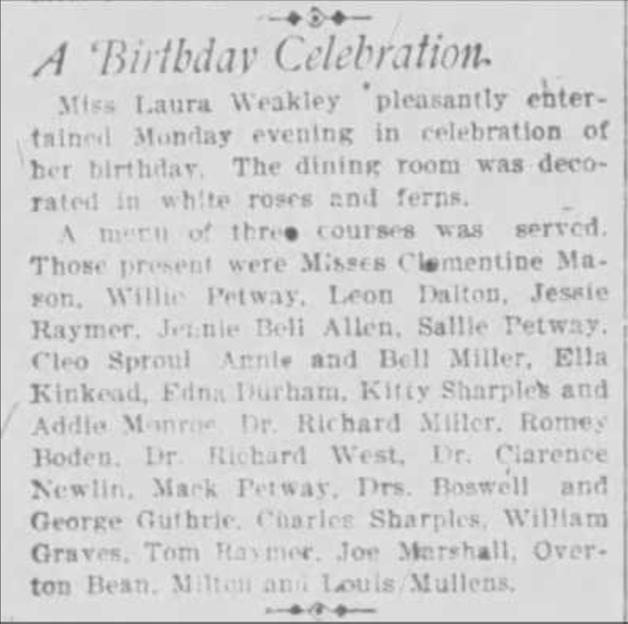 The Tennessean society item describing a birthday celebration decorated in white roses and ferns, with Jessie Raymer among the guests
