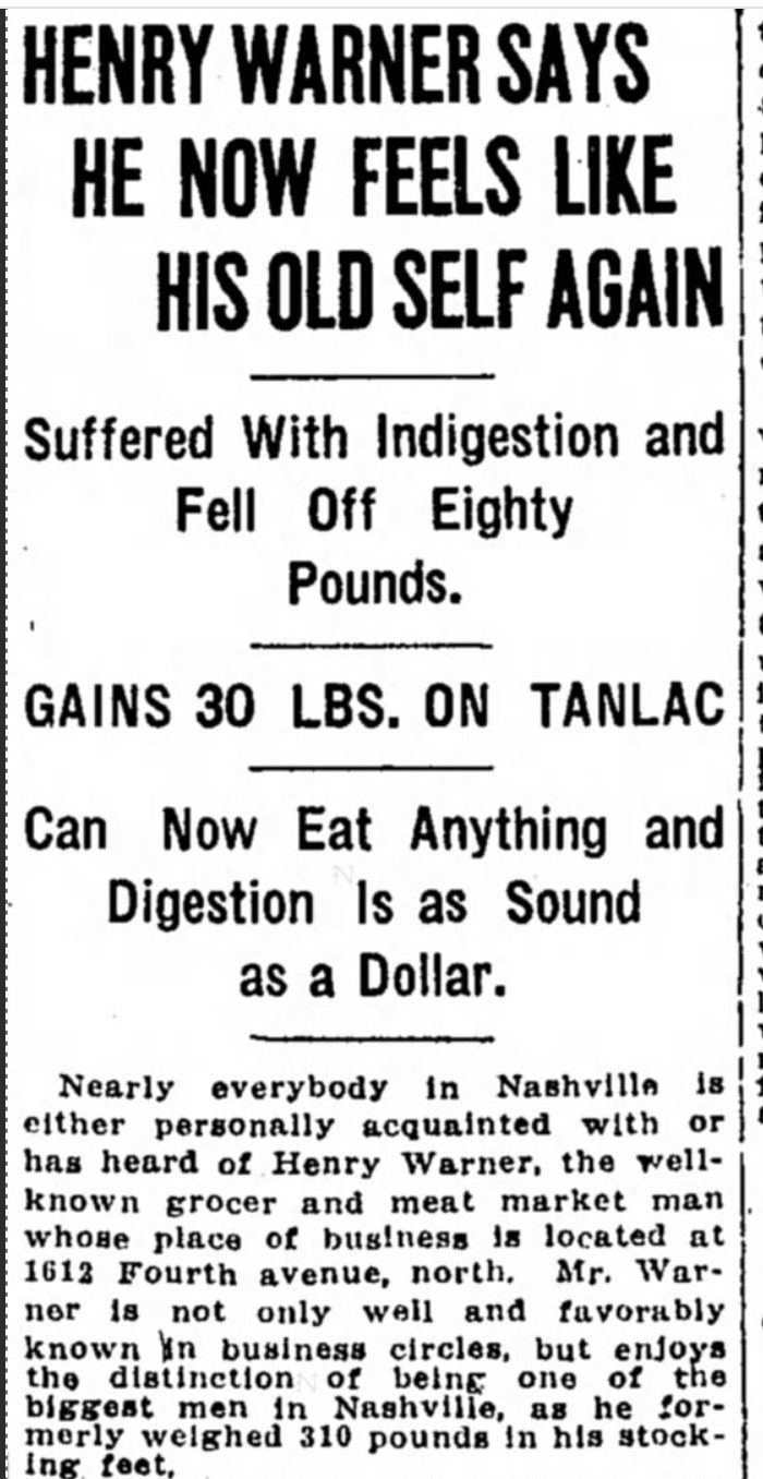 Tanlac advertorial from The Tennessean headed 'Henry Warner says he now feels like his old self again'