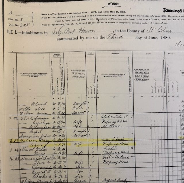 1880 census page from Port Huron, Michigan with the household of Henry Robeson, superintendent of schools, and his wife Agnes highlighted